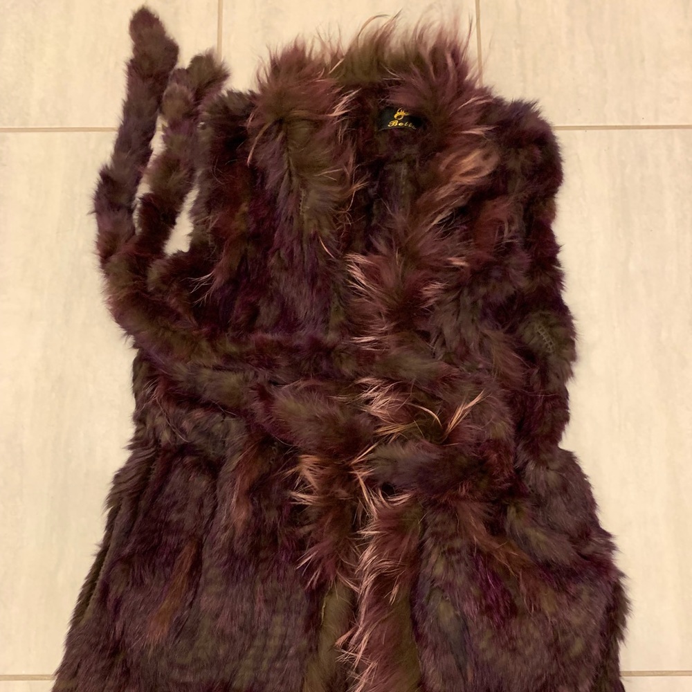 Maroon Red Rabbit Fur Vest with Tie